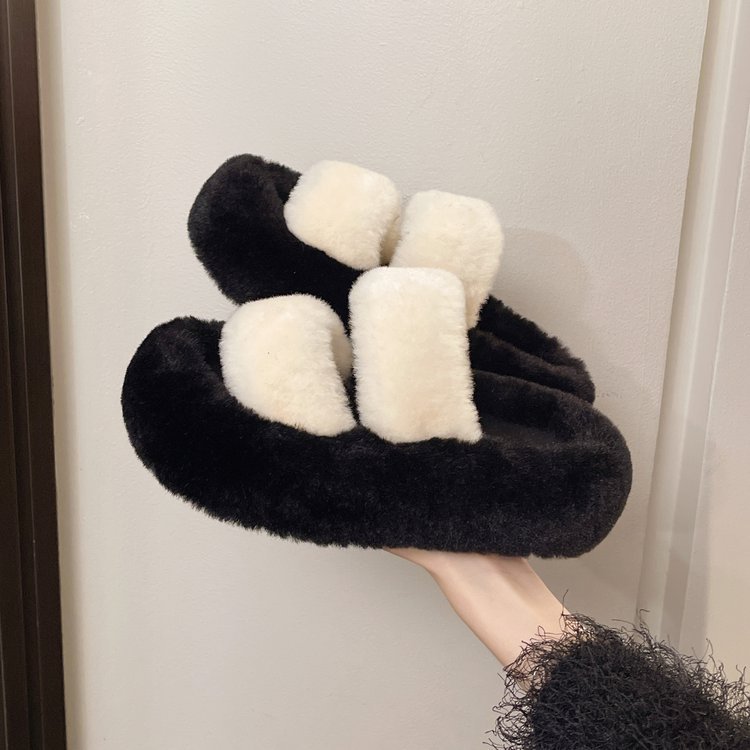 Super beautiful thick-soled woolen slippers for women to wear outside 2025 autumn/winter new home anti-slip lazy person one-line cotton slippers details Picture