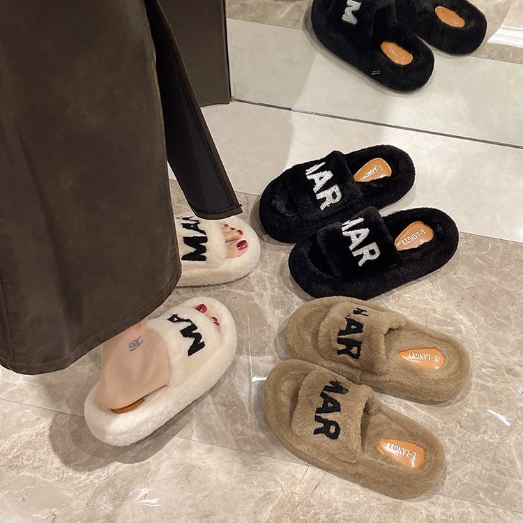 The women's outerwear of the 2025 autumn and winter new embroidered thick-soled plush office and home cotton slippers with a feeling of stepping on feces Specification drawing