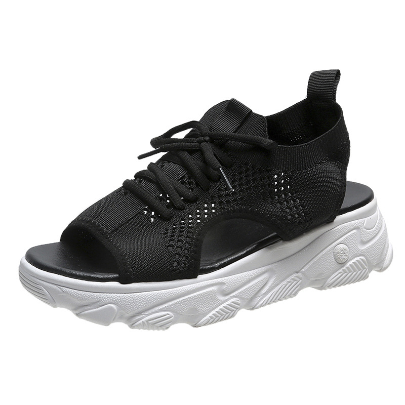 Amazon's new large-sized fly-knit thick-soled sandals for women, a fashionable European and American style fish-mouth wedge heel mesh casual sports sandals Application Scenario
