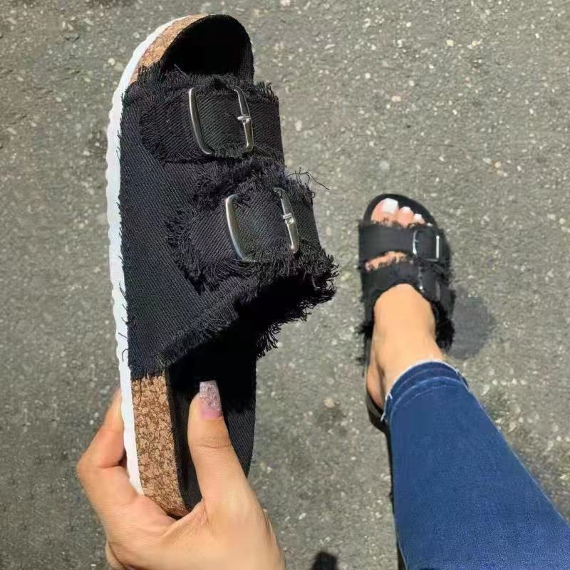 Summer 2021 new cross-border trade large-sized European and American casual solid color canvas buckle denim flat slippers for women details Picture