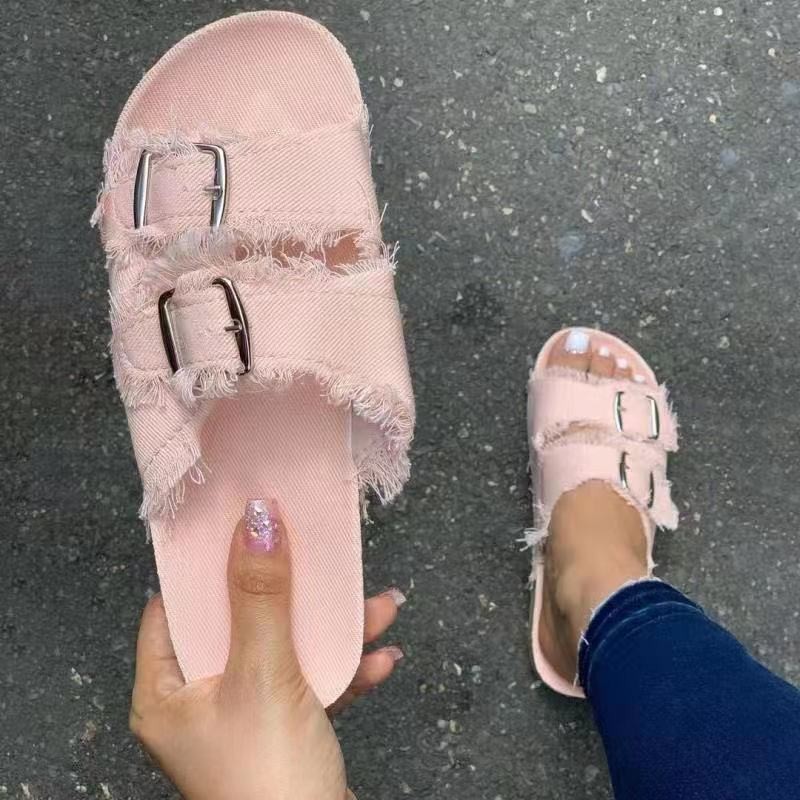 Summer 2021 new cross-border trade large-sized European and American casual solid color canvas buckle denim flat slippers for women Application Scenario