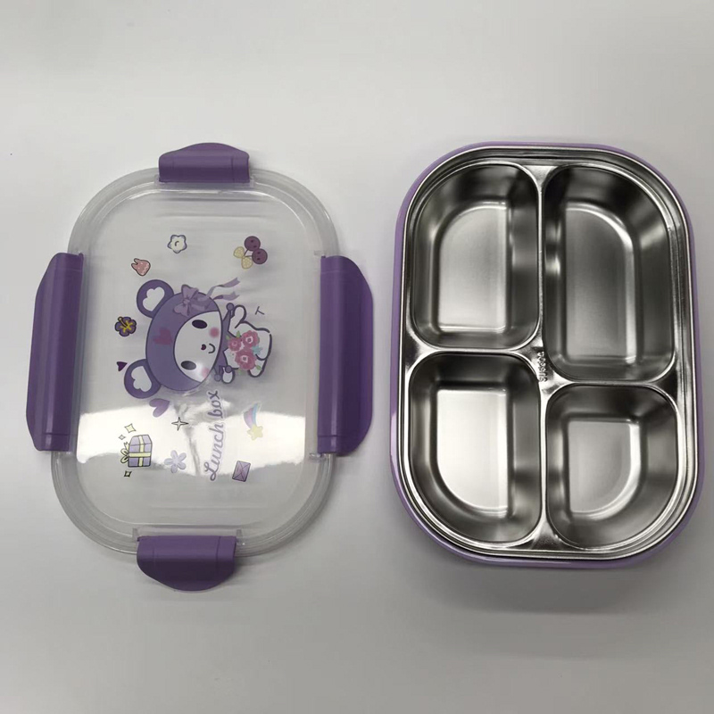 四格不锈钢饭盒 紫色卡通密封便当盒 少女心学生便携餐盒详情3