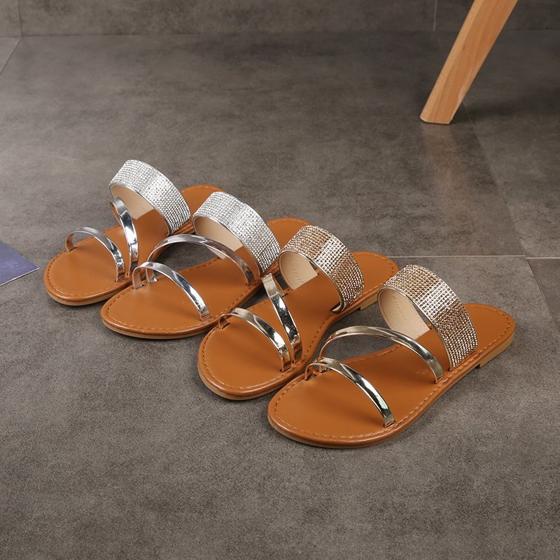 Ebay cross-border European and American women 's shoes, large flat rhinestone one-piece casual beach slippers for women slippers details Picture