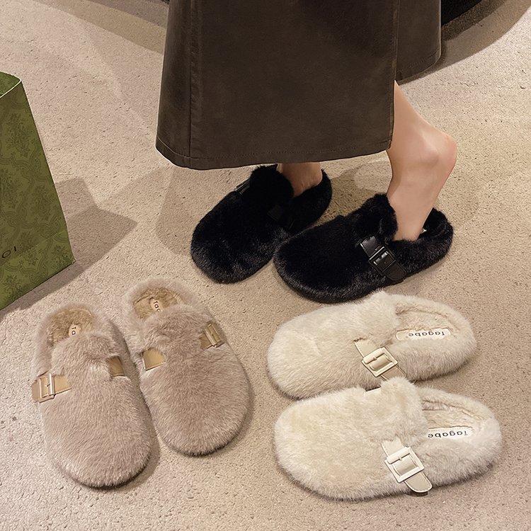 MAO MAO Slippers for women's outerwear, 2025 new autumn and winter style for petite people to go out, semi-drawn-out cotton slippers and MAO MAO shoes details Picture
