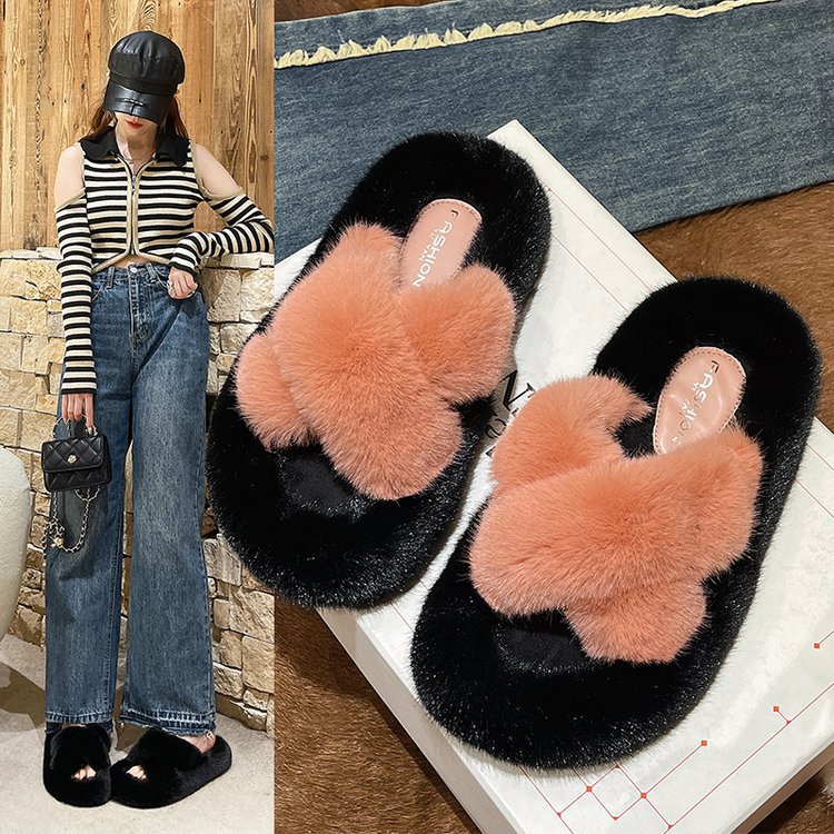 2025 Instagram Fashion, Casual and Versatile flat cotton slippers for home outings in autumn and winter full figure