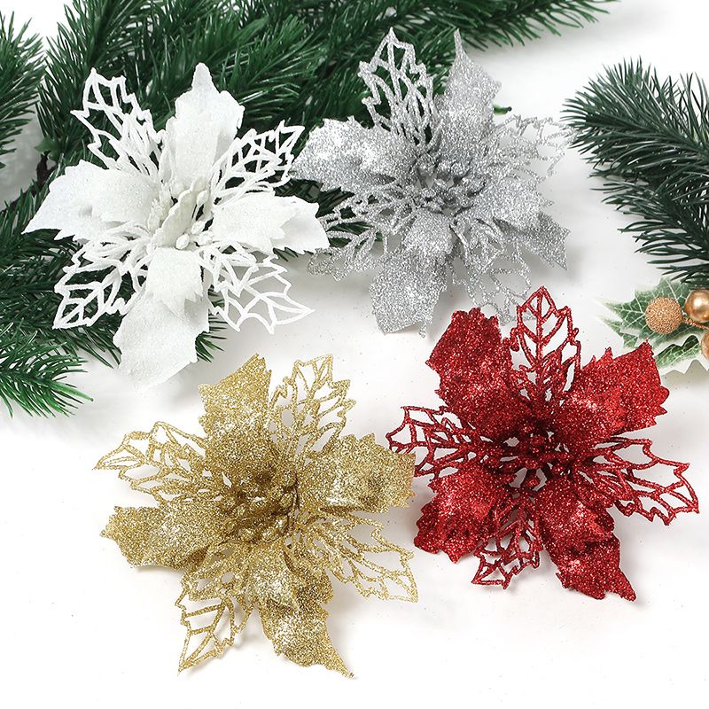 Artificial gold powder Christmas flowers, hollowed-out artificial flowers, Christmas wreath accessories, Christmas tree decorations, Christmas pendants Application Scenario