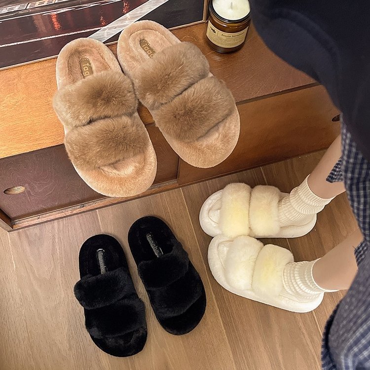 Genuine woolen shoes for women's outerwear, autumn and winter fairy style super popular online celebrity slippers, flat bottom with fleece, Korean-style one-shoulder cotton slippers details Picture