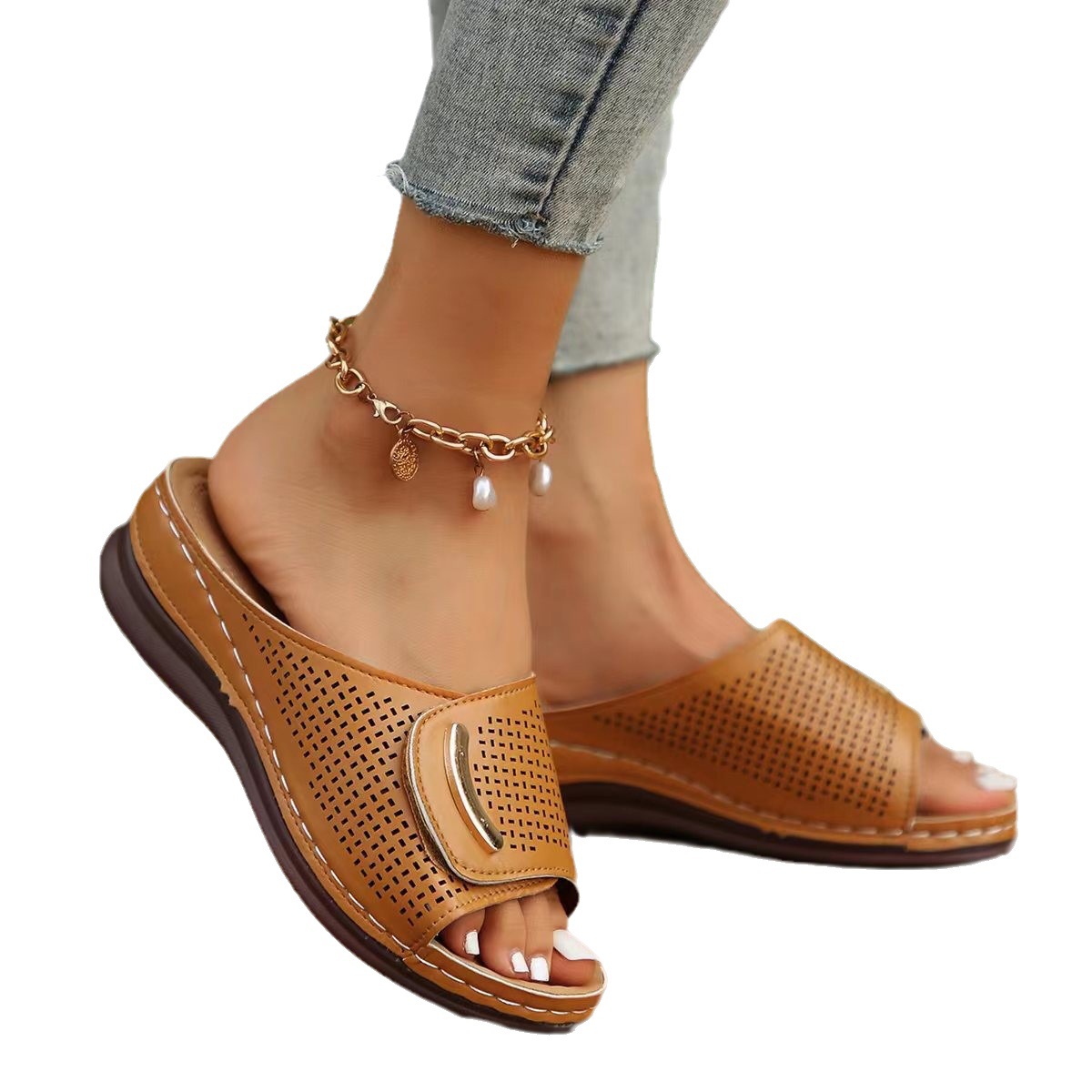 2023 New export large-sized wedge heel sandals for women, wide band one-strap breathable casual shoes, solid color wedge heel women's shoes Item Picture
