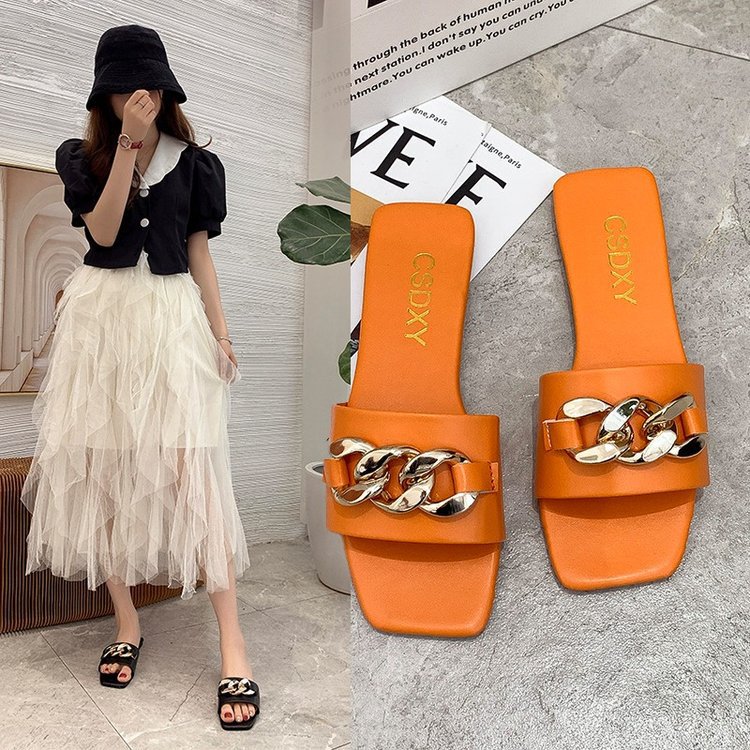 2025 Summer new women's flat one-piece export large size 42 women's flip-flops Beach women's outerwear chain slippers full figure