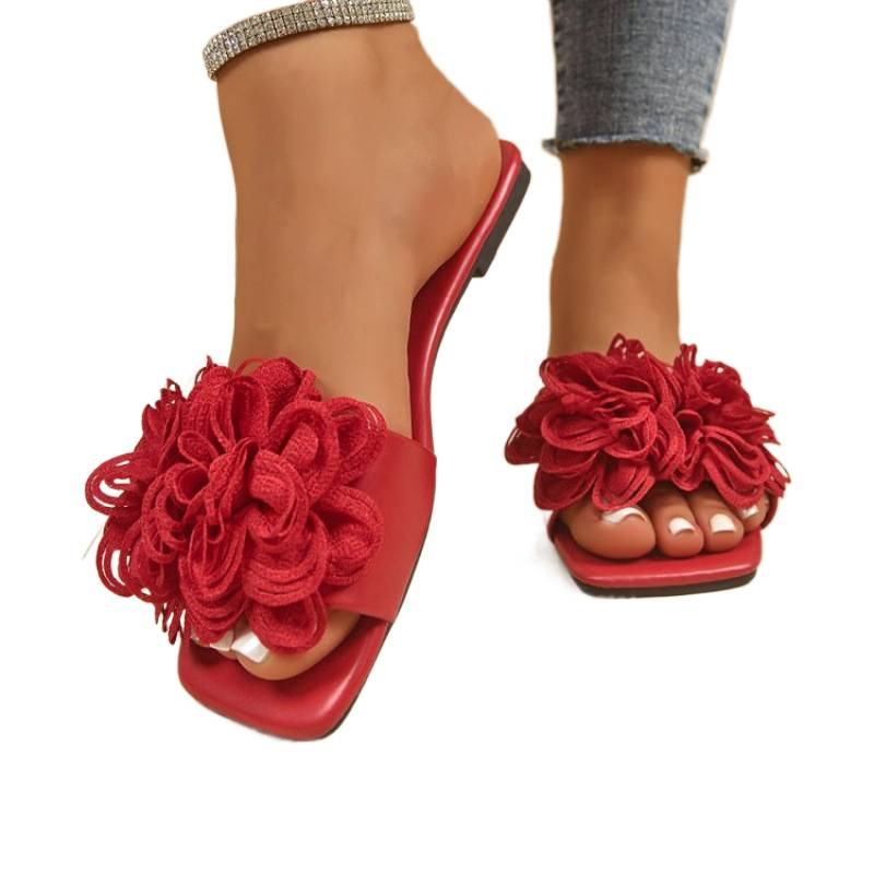 Cross-border large-sized flat beach slippers summer new fish-mouth flower comfortable outdoor beach shoes for women wholesale Item Picture
