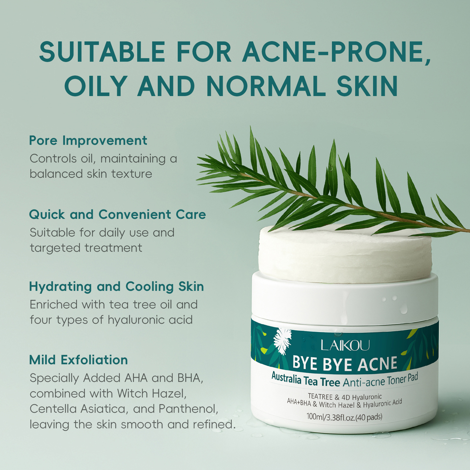 Cross-border new product LAIKOU Australian Tea Tree Acne Removal Wet Compress Cotton Tablets 100ml/3.38floz.40 tablets for export Specification drawing