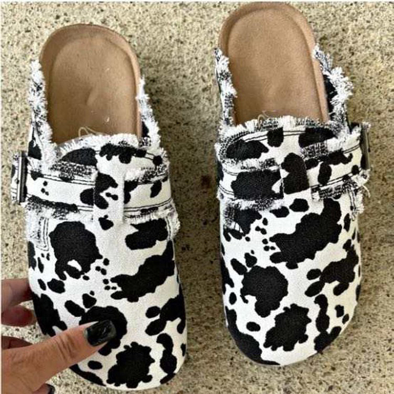Independent station Cross-border large-sized slippers for women 2022 Spring and Autumn New European and American leopard print half-toe lazy shoes Bean Bean Shoes details Picture