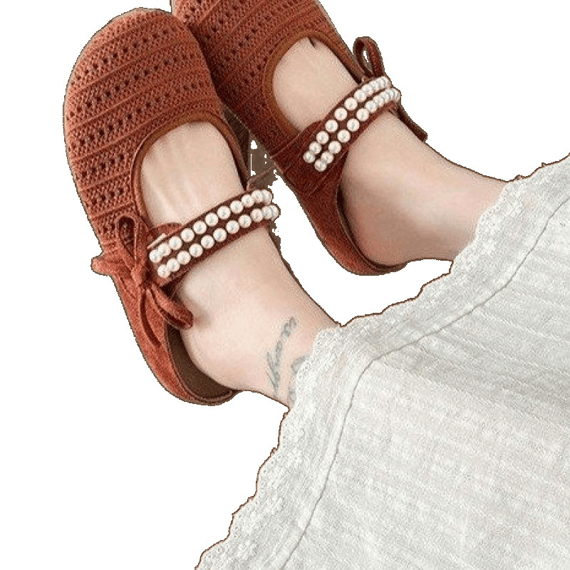 Baotou half-slipper women's summer outerwear 2025 new style pearl one-foot muller shoes flat cold slippers women's lazy shoes Item Picture
