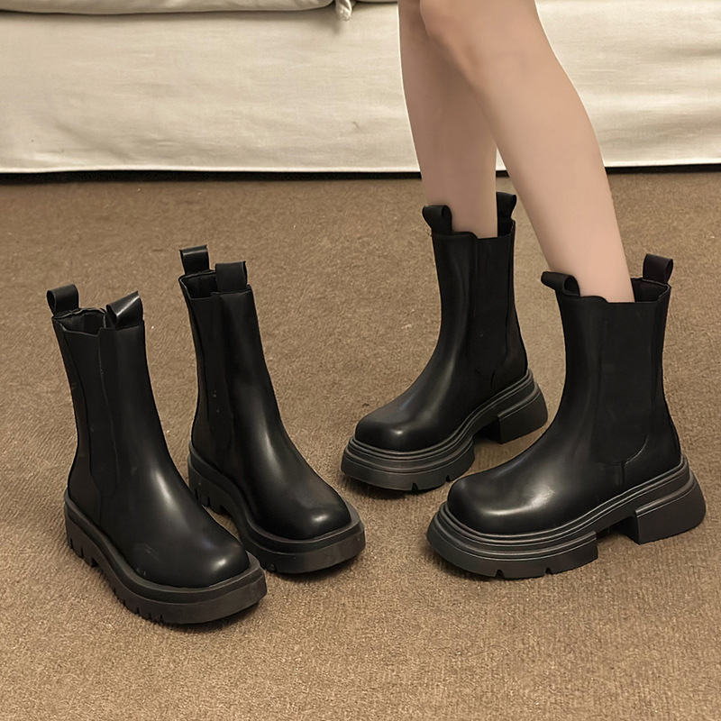 Chelsea Martin Boots Women's Spring and Autumn Single Boots 2025 New style Big Head thick-soled cigarette tube mid-calf boots Cigarette brown short boots full figure