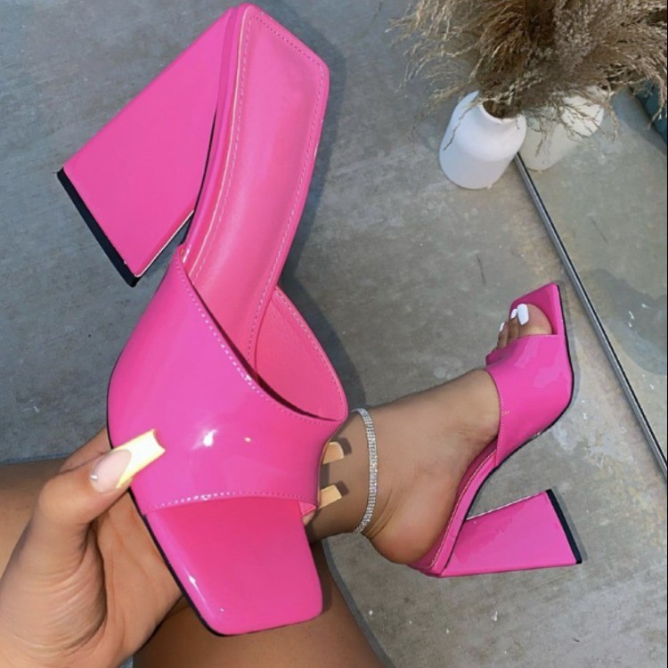 2021 Fish-mouth rubber European and American stock pink high-heeled, thick and thin heels, fashionable faux leather one-line high-heeled slippers for women Specification drawing