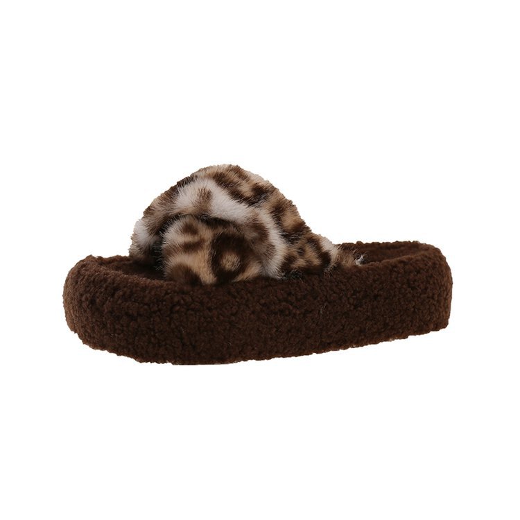 Cross-border large-sized leopard print cross one-line woolen slippers autumn and winter new thick-soled open-toe warm plush cotton slippers for women Item Picture
