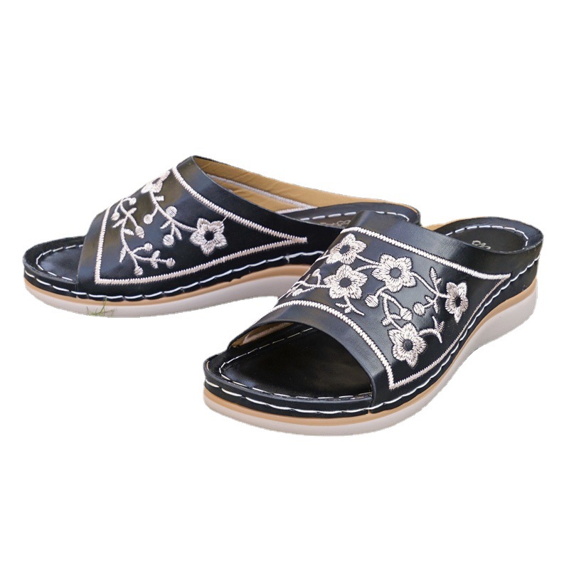 LAZADA export size 43 cross-border large size embroidered cross Light and comfortable wedge heel sandals, sewing thread slippers for women Item Picture