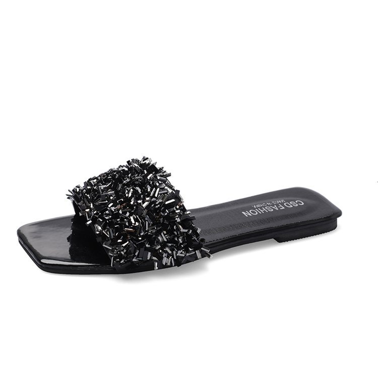 Cool slippers for women 2025 summer new one-line sequined low-heeled stylish outerwear Korean version women slippers Item Picture