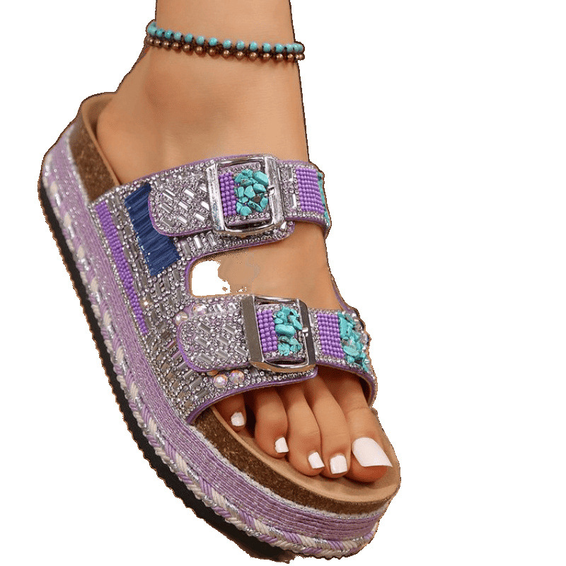Wholesale of large-sized women's cross-border trade thick-soled round-toe rope double-buckle water diamond cork beach slippers in 2025 Item Picture