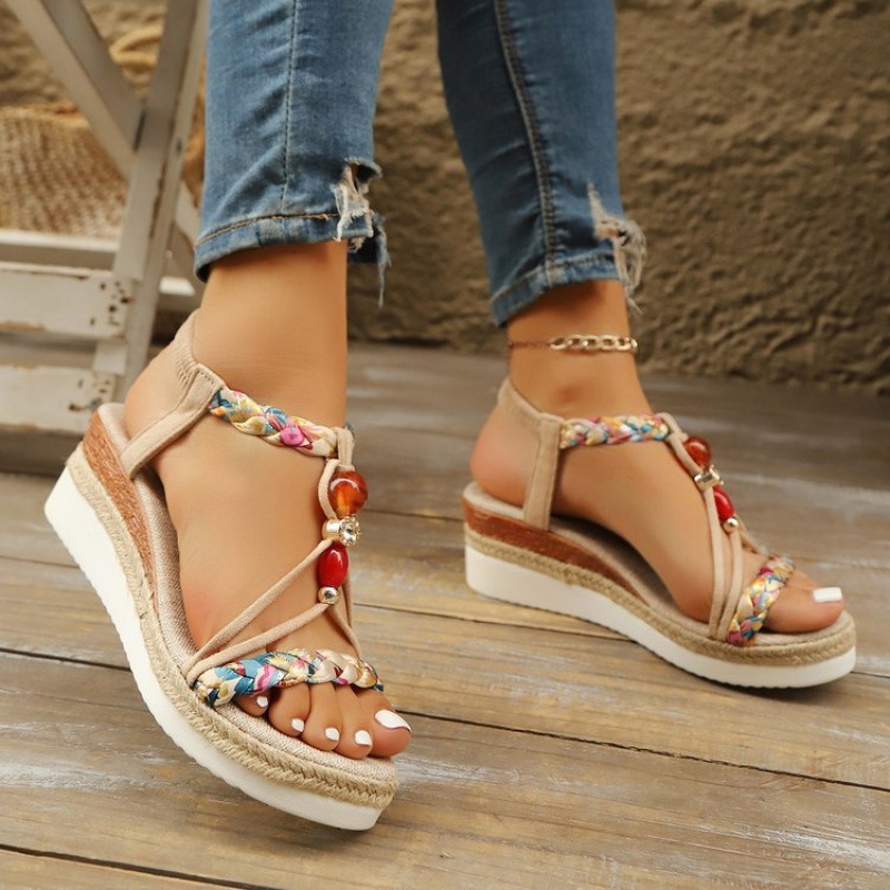 New cross-border large-sized ethnic style water diamond beaded wedge heel fashionable high heels, thick-soled women's hemp rope woven sandals Specification drawing