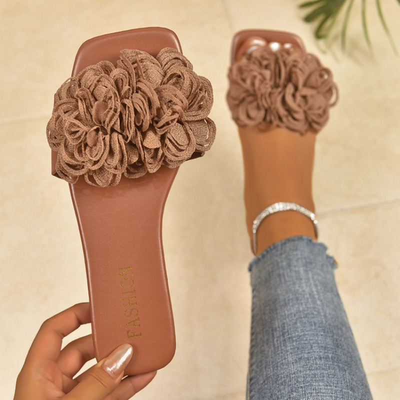 Cross-border large-sized flat beach slippers summer new fish-mouth flower comfortable outdoor beach shoes for women wholesale details Picture