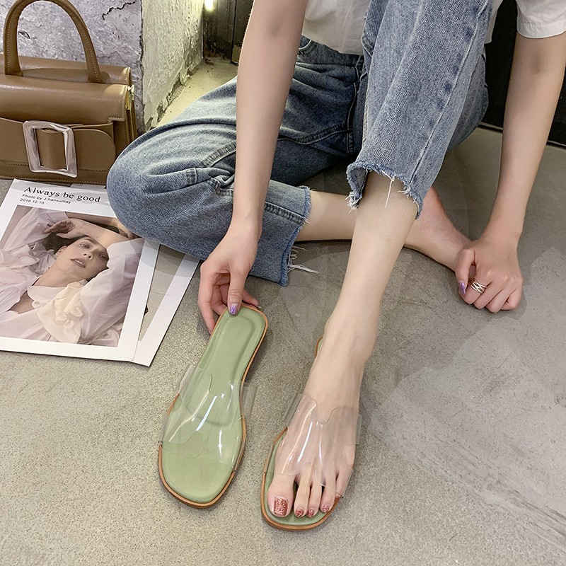 Women's summer 2025 new style transparent flat toe open-toe slippers beach one-line anti-slip flip-flops wholesale full figure