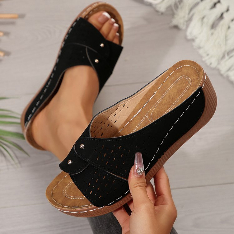 Cross-border European and American large-sized export women's shoes 2025 summer new style European and American cool slippers, wedge heel thick-soled hollowed-out slippers full figure