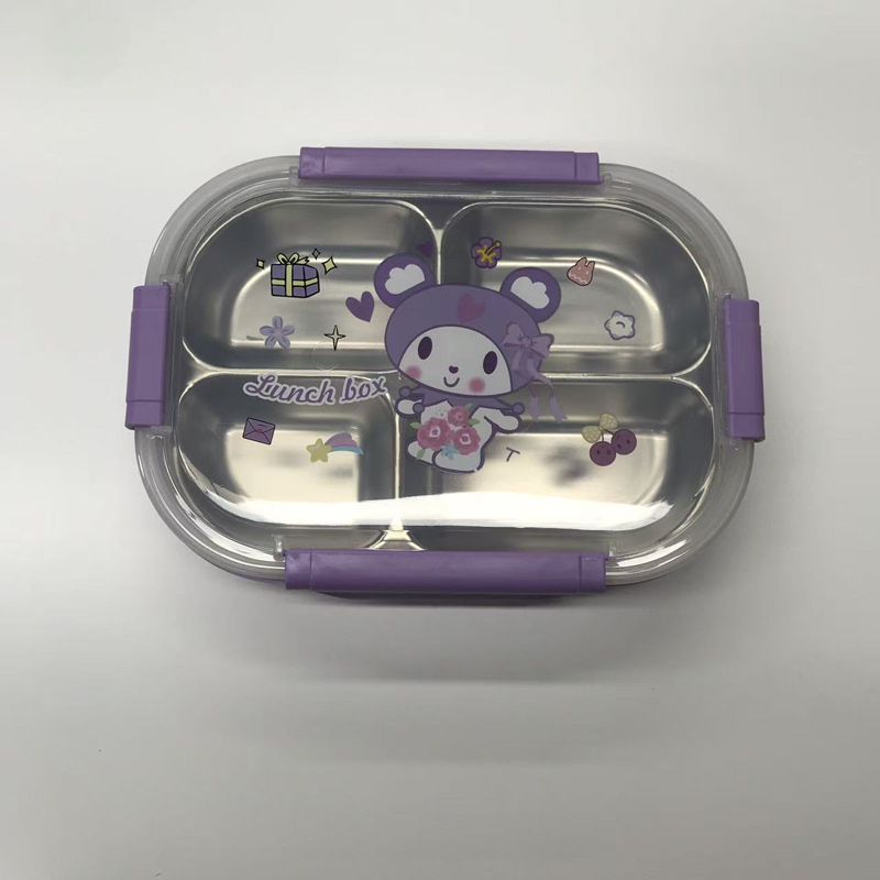 四格不锈钢饭盒 紫色卡通密封便当盒 少女心学生便携餐盒详情2