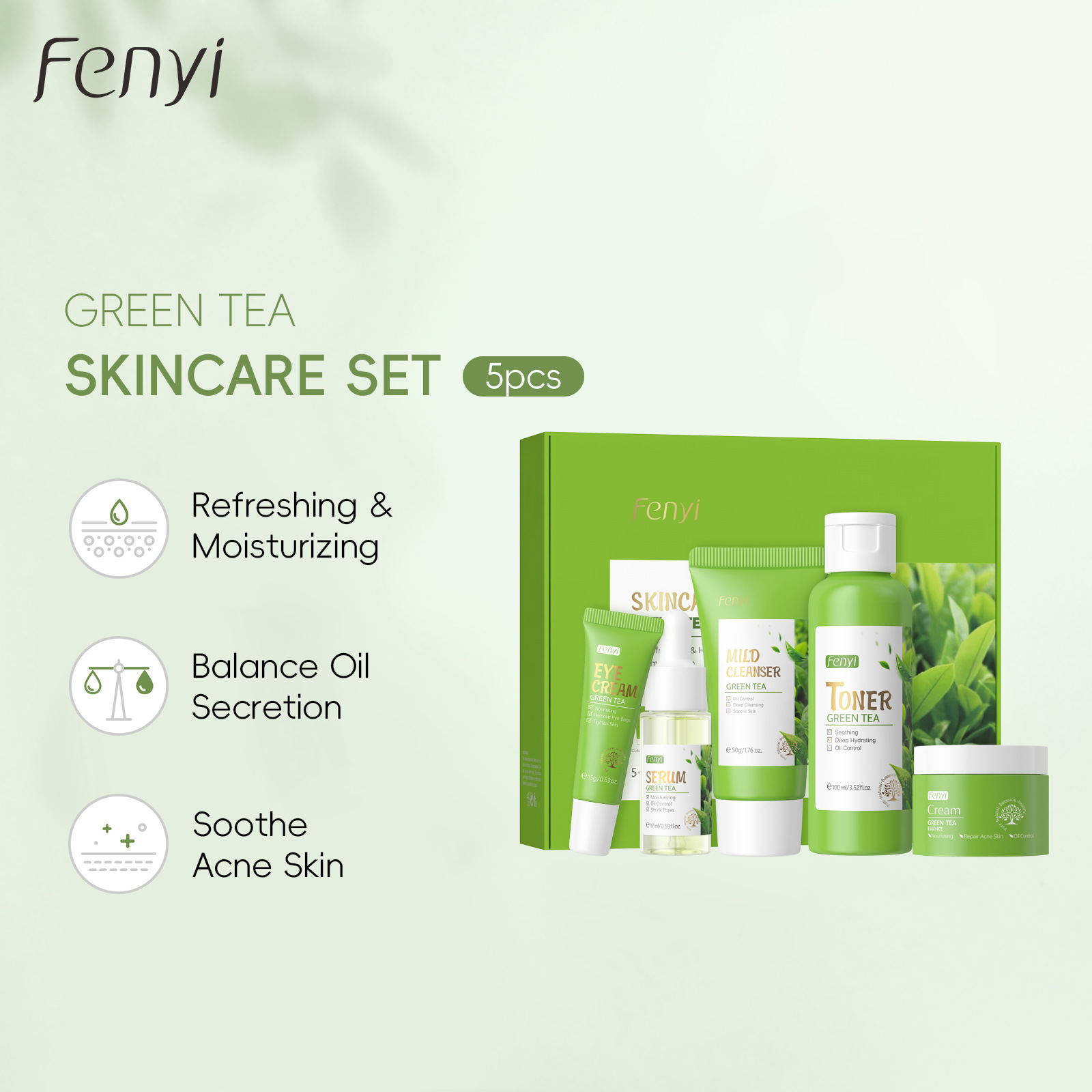 Cross-border skin care product set: 5 pieces of green tea, 50g of shampoo + 100ml of water + 25g of face cream + 15g of eye cream + 17ml of essence full figure