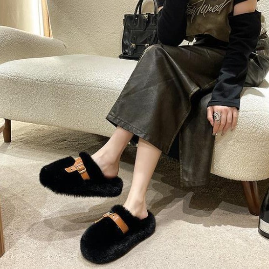 Belt buckle thick-soled woolen slippers for women 2025 autumn/Winter new Korean style, large-sized woolen slippers for women to wear outside in Baotou, trendy Specification drawing