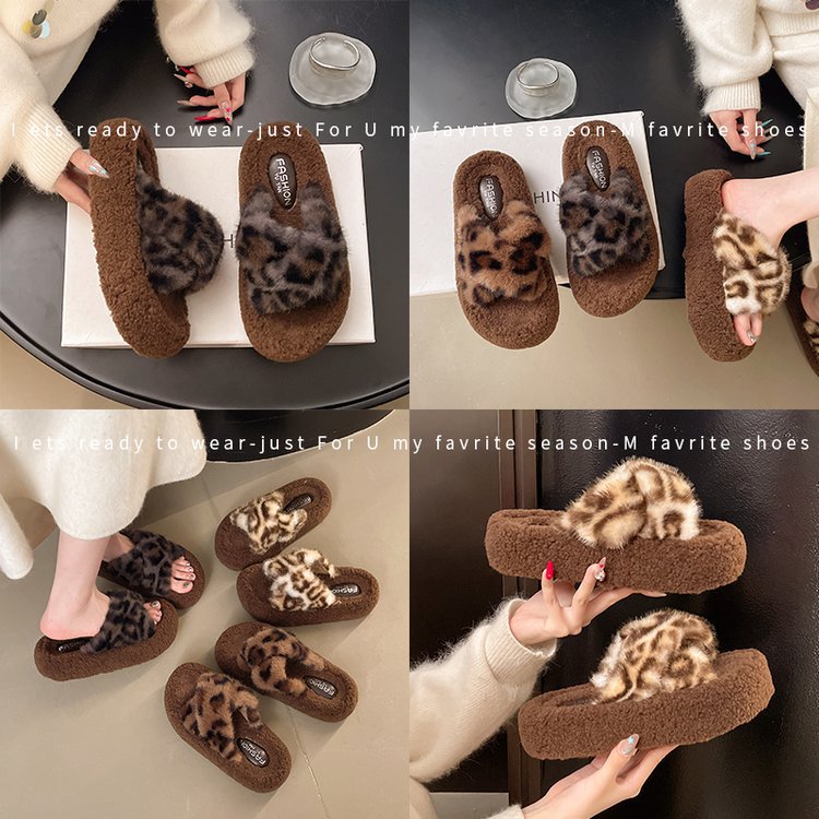 Cross-border large-sized leopard print cross one-line woolen slippers autumn and winter new thick-soled open-toe warm plush cotton slippers for women Specification drawing