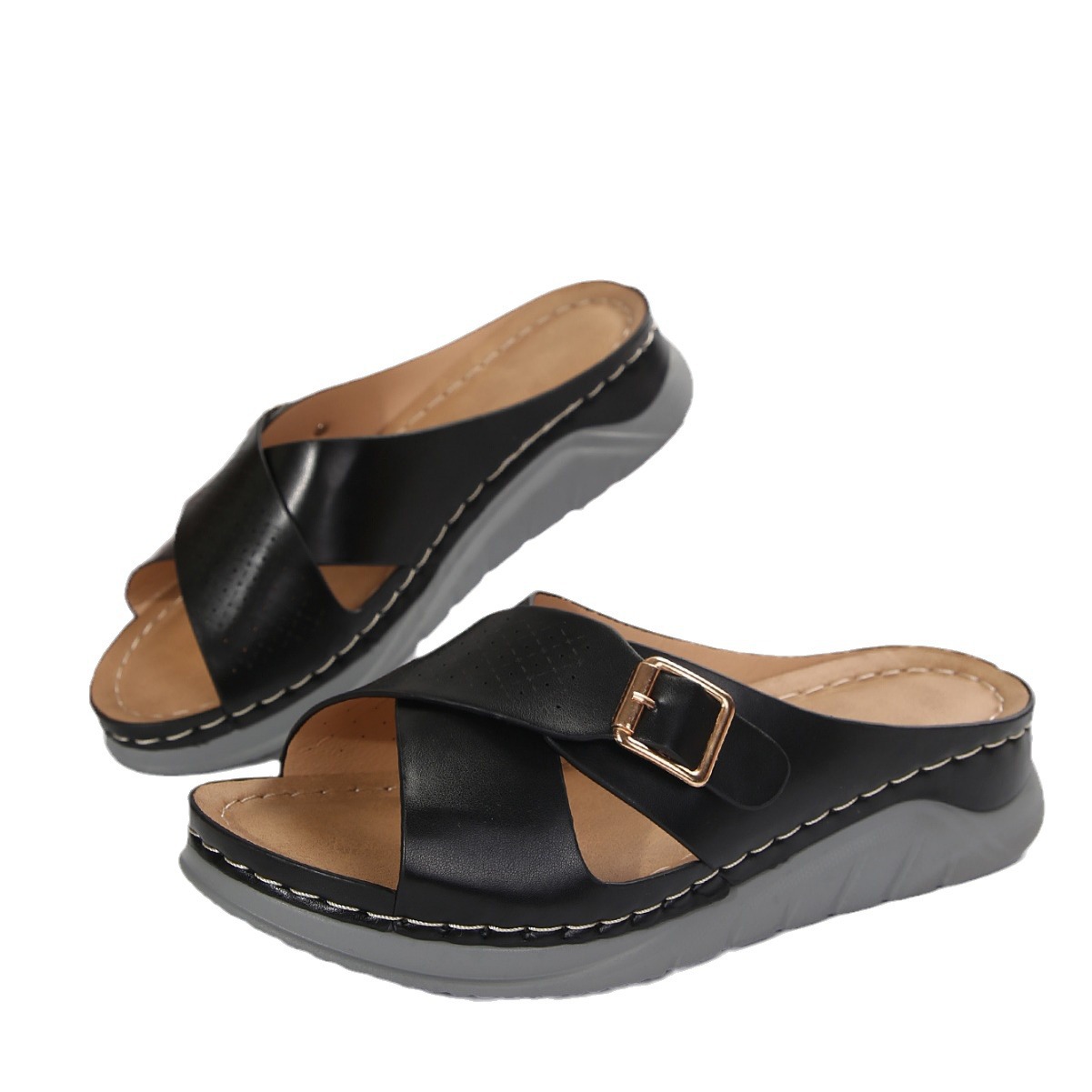 Cross-border large-sized 36-43 thick-soled slippers, women's sewn slippers, women's outerwear cross-belt breathable home slippers Item Picture