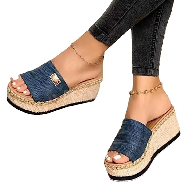 wish Amazon Export large-sized women's flip-flops 2021 New style Casual sponge cake Wedge heel one-shoulder flip-flops Item Picture