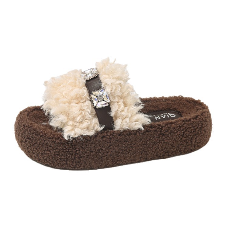 Curly thick-soled woolen slippers for women 2025 autumn/winter new style outdoor Korean-style soft soled one-shoulder cotton slippers Item Picture