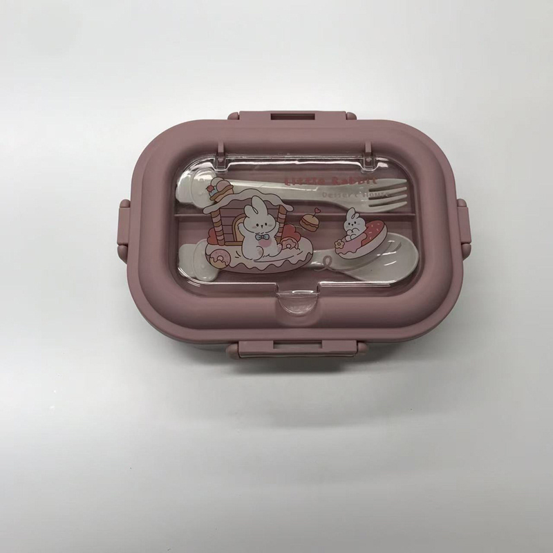 卡通兔子 304 不锈钢饭盒 带勺叉密封便当盒 少女心学生便携餐盒详情2