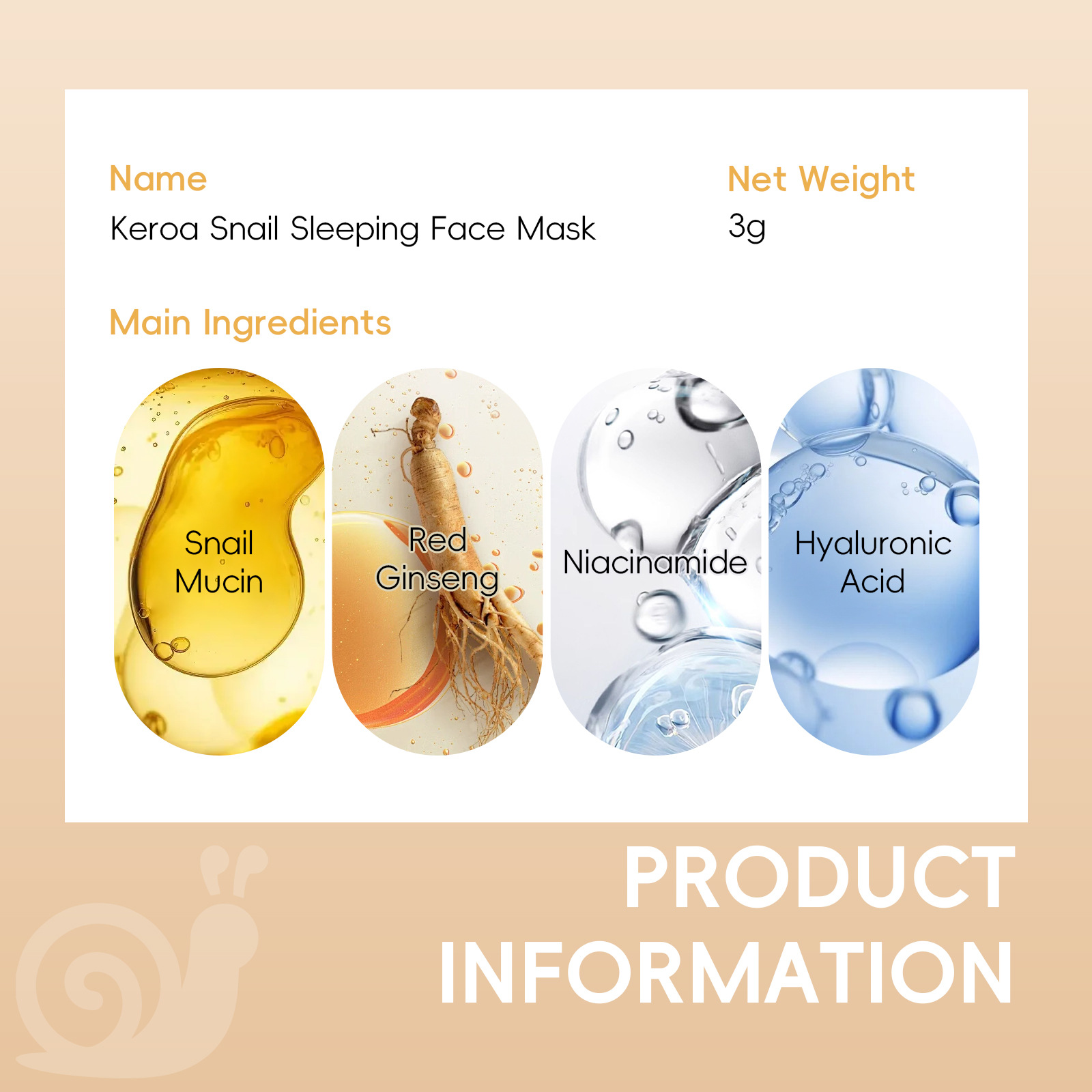 All-english sleeping Mask, new packaging of Korean Snail Sleeping Mask Sheet 3gSleepingfacia Mask details Picture