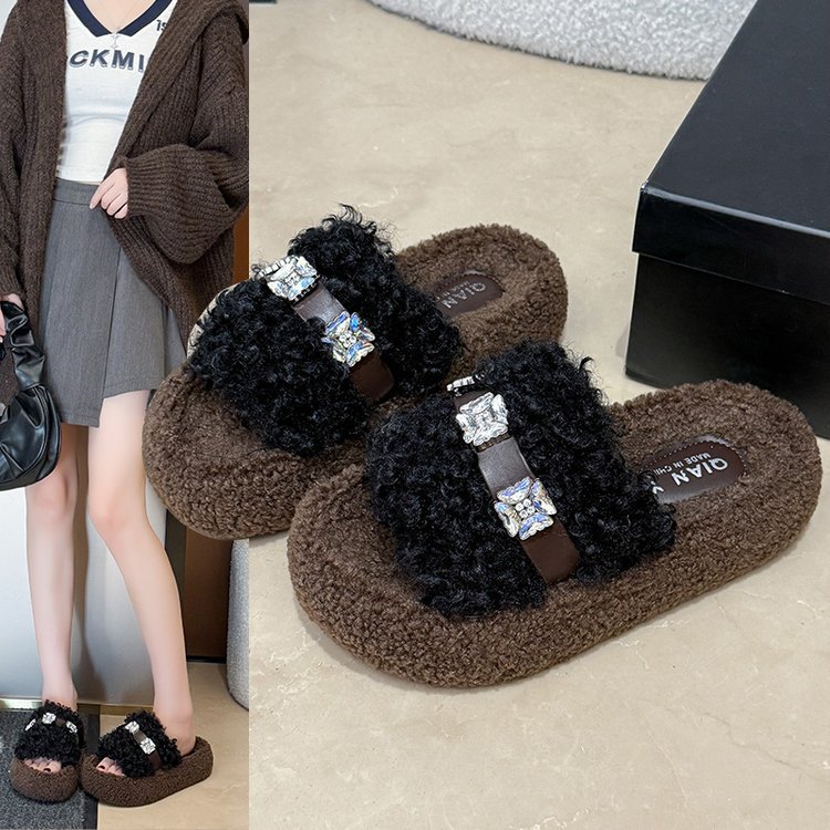 Curly thick-soled woolen slippers for women 2025 autumn/winter new style outdoor Korean-style soft soled one-shoulder cotton slippers Specification drawing