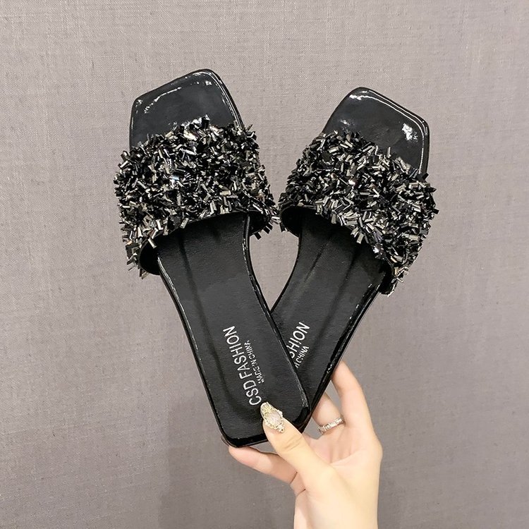 Cool slippers for women 2025 summer new one-line sequined low-heeled stylish outerwear Korean version women slippers Specification drawing