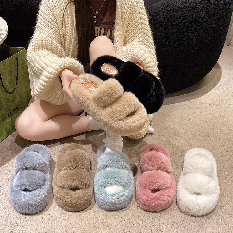 Plus-size design sense, petite thick-soled woolen slippers for women, 2025 autumn/winter fairy style, plush cotton slippers, height-increasing cotton slippers details Picture