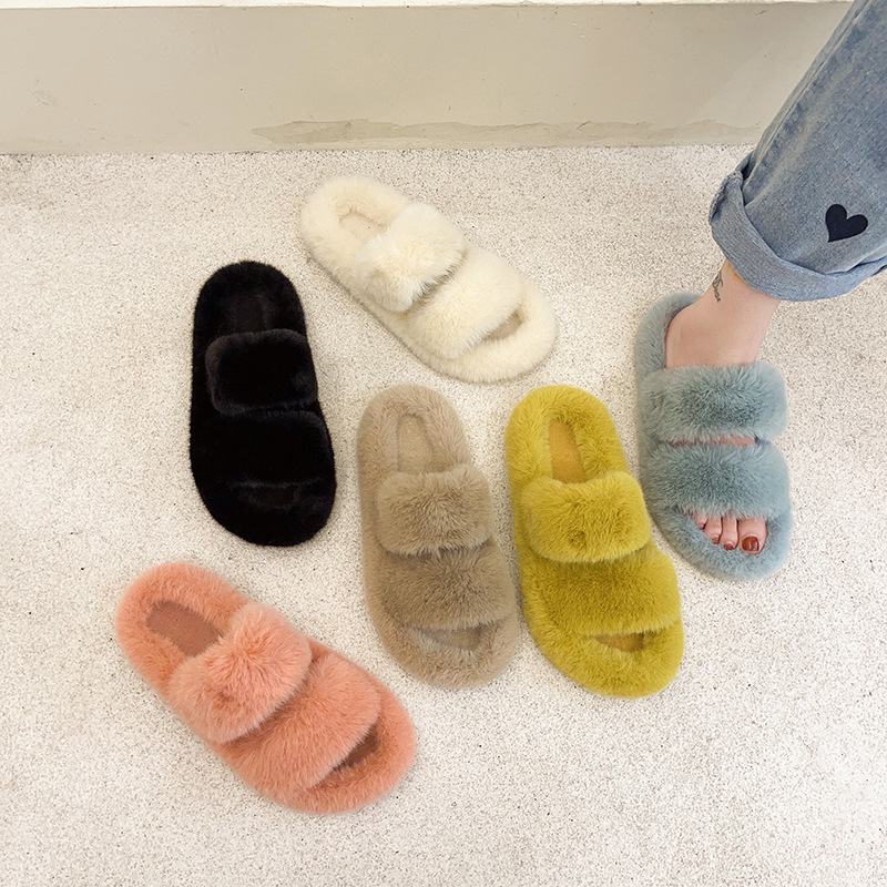 Fluffy slippers for women, candy color, new autumn and winter home wear, double straight open-toe slippers, fluffy cotton slippers for women full figure