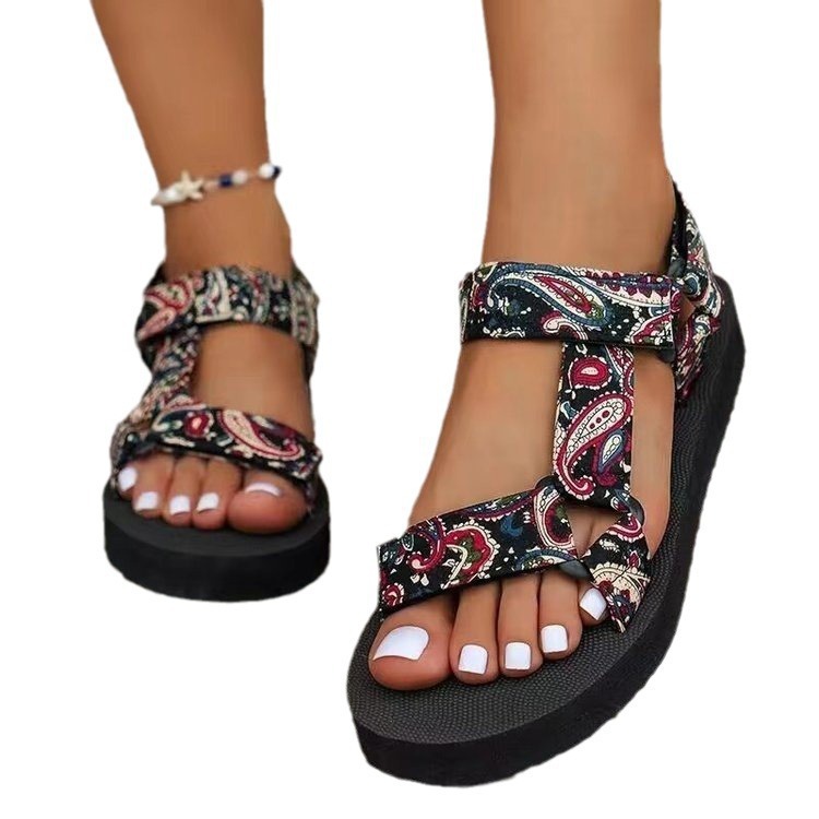 Summer 2025 new large-sized thick-soled sandals for women: thick-soled, color-blocked Velcro, European and American ethnic style beach sandals Item Picture