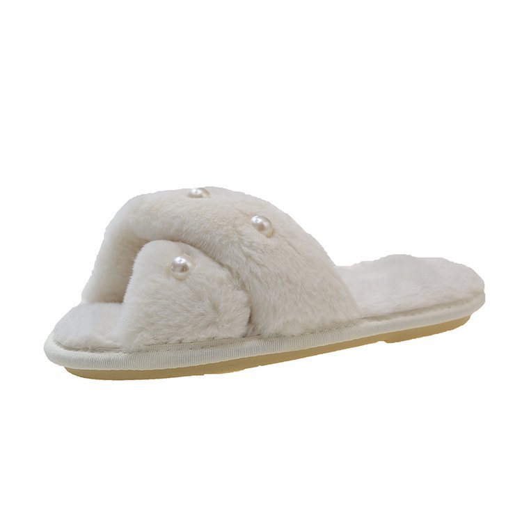 European and American Home Furnishing 2025 New flat pearl crossed wool slippers for women, one-piece foreign trade candy-colored cotton slippers for women Item Picture
