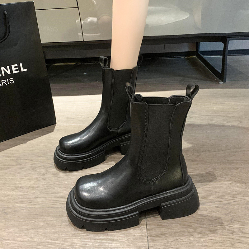 Chelsea Martin Boots Women's Spring and Autumn Single Boots 2025 New style Big Head thick-soled cigarette tube mid-calf boots Cigarette brown short boots Specification drawing