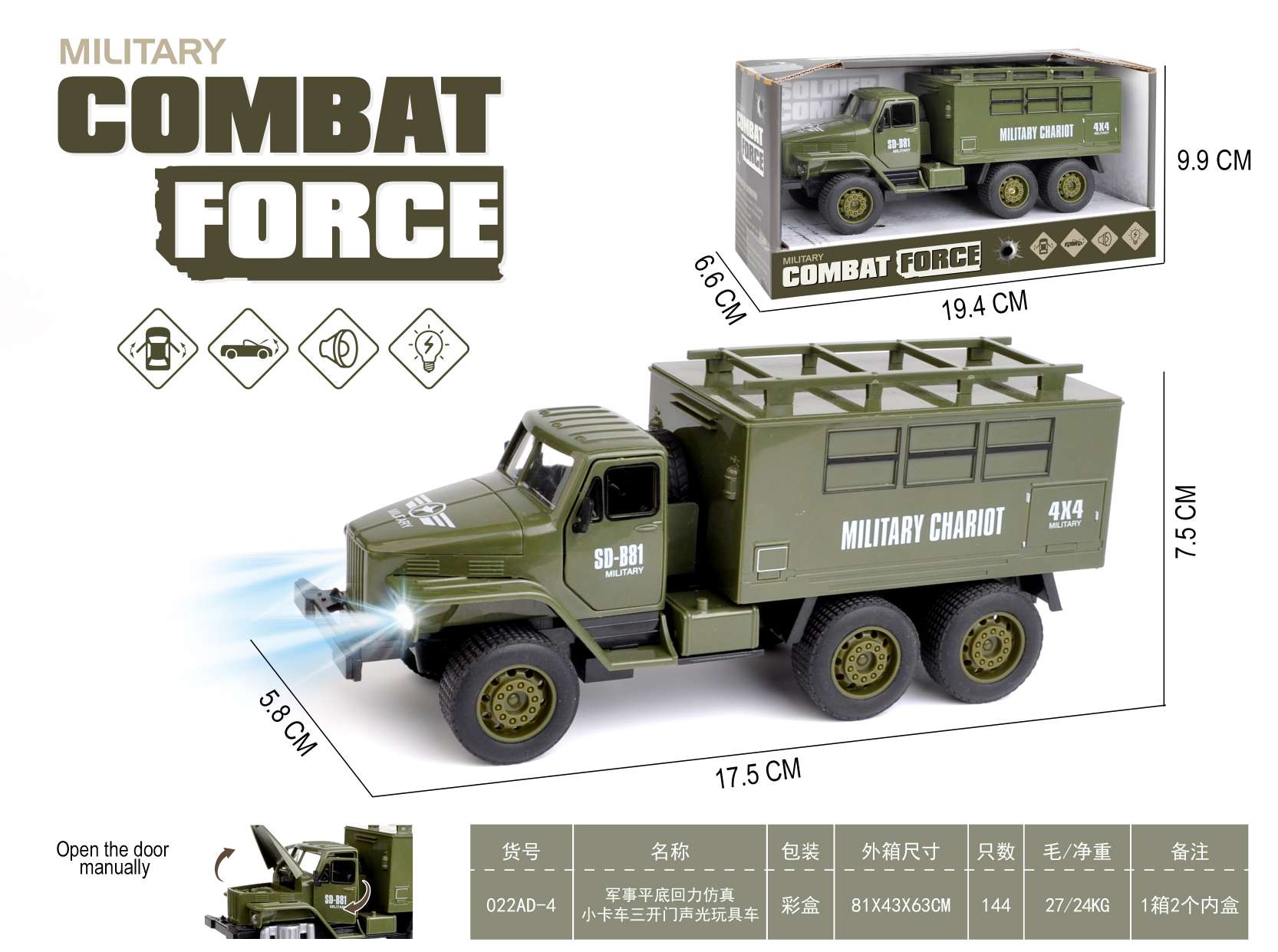 军事平底回力仿真小卡车三开门声光玩具汽车模型，超好玩的车模详情图4