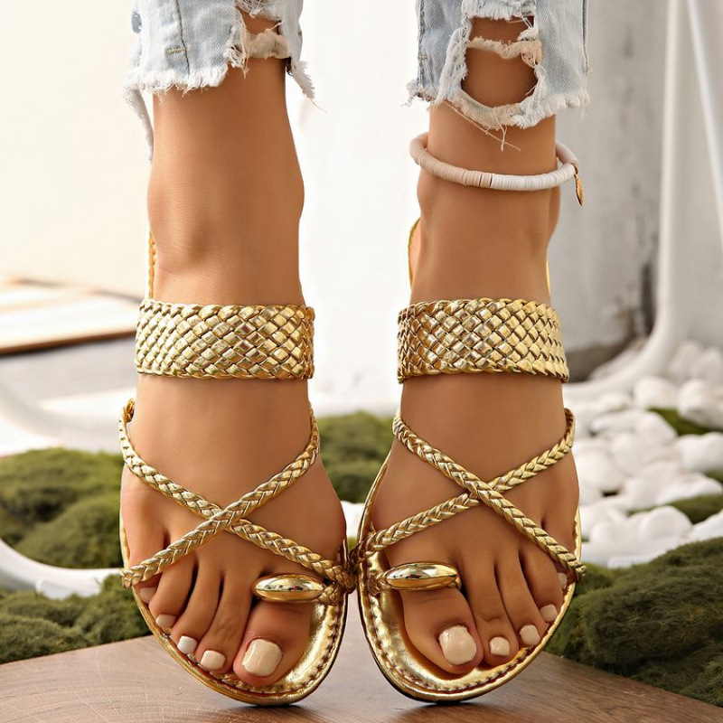 Women's 2024 new style woven flip-toe casual flat sandals for foreign trade, large size 43Sanda Roman beach shoes Specification drawing