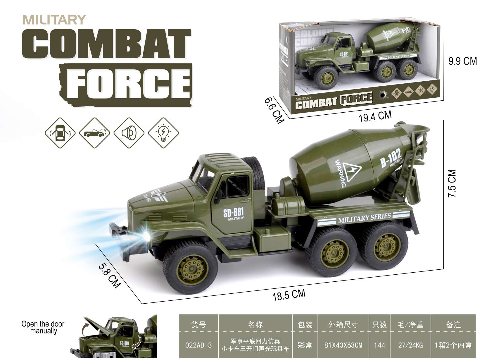 军事平底回力仿真小卡车三开门声光玩具汽车模型，超好玩的车模详情图3