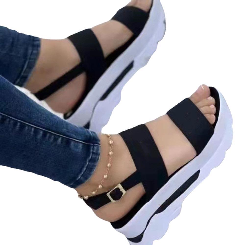 2022 Summer new large-sized foreign trade women's shoes: wide one-line with a sweet style, thick-soled wedge heel sandals for women Item Picture