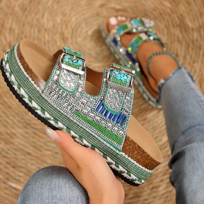 Wholesale of large-sized women's cross-border trade thick-soled round-toe rope double-buckle water diamond cork beach slippers in 2025 full figure