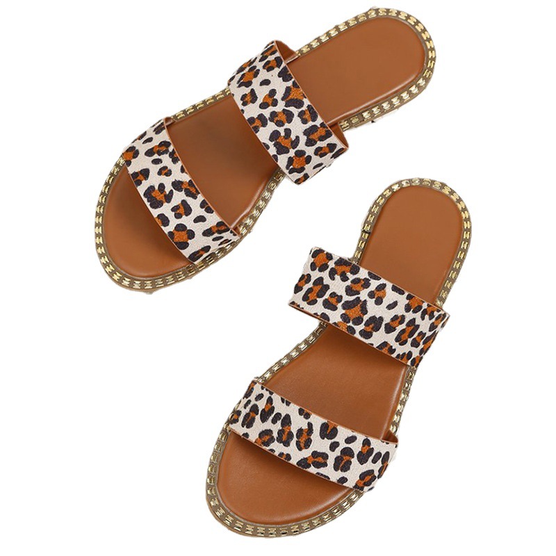 2023 New wish Summer European and American leopard print cool slippers for women's export, large size, one-line flat beach slippers Item Picture