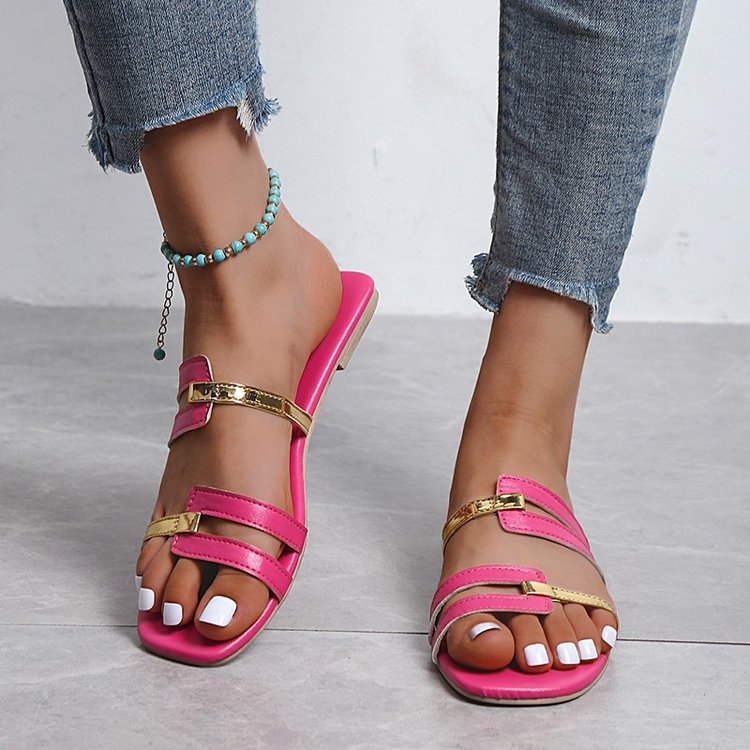 Wholesale of 2022 summer new styles of women's shoes and slippers from Europe and America, large-sized cross-border color-blocked fashionable flat sandals for women Specification drawing